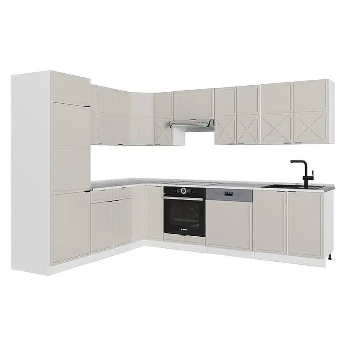 Vicco Eckküche Fame-Line GrauBeige/Weiß ohne Arbeitsplatte - B x T: 287 x 46 cm, GrauBeige, Ohne Elektrogeräte - Helle beige L-förmige Küchenzeile mit weißer Arbeitsplatte, integriertem Backofen, Geschirrspüler, schwarzer Spüle und Armatur.