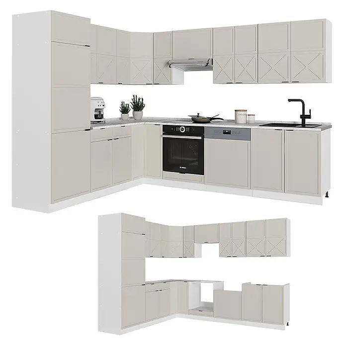Vicco Eckküche Fame-Line GrauBeige/Weiß ohne Arbeitsplatte - B x T: 287 x 46 cm, GrauBeige, Ohne Elektrogeräte - L-förmige Küchenzeile mit hellbeigen Fronten und weißen Korpus, inklusive integriertem Backofen, Spülbecken und Geschirrspüler.