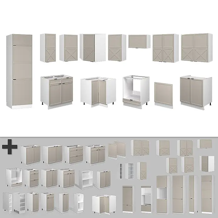 Vicco Eckküche Fame-Line GrauBeige/Weiß ohne Arbeitsplatte - B x T: 287 x 46 cm, GrauBeige, Ohne Elektrogeräte - Hellebraune/beige Küchenschränke mit weißen Rahmen. Verschiedene Unter-, Ober-, Hoch- und Eckschränke, teils mit X-Paneeltüren.