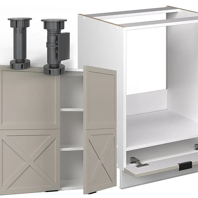 Vicco Eckküche Fame-Line GrauBeige/Weiß ohne Arbeitsplatte - B x T: 287 x 46 cm, GrauBeige, Ohne Elektrogeräte - Dunkelgraue verstellbare Schranksockel, weißer Korpus und beigefarbene Türen mit X-Muster, eine offen mit Regalen.