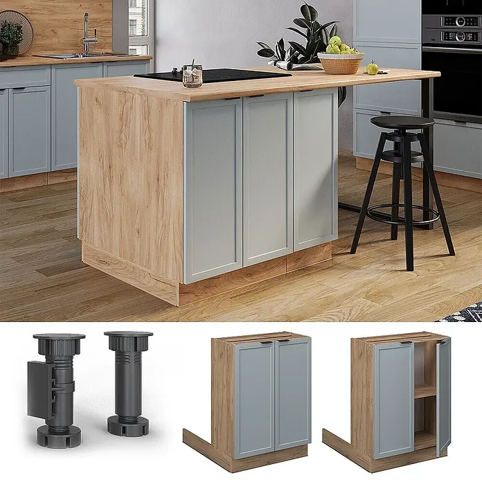 Vicco Inselküche Fame-Line Hellblau-grau ohne Arbeitsplatte - Breite: 60 cm, Hellblau-grau, Ohne Elektrogeräte - Moderne Kücheninsel/Unterschrank mit heller Holzoptik, grauen Türen und verstellbaren Füßen. Mit Stauraum, Kochfeld und Bartheke.