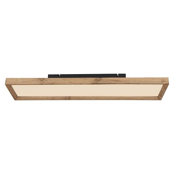 Globo Deckenleuchte Cinderella - 24 W, L x B x H: 80 x 20 x 8,5 cm, Holzoptik - Rechteckige Deckenleuchte mit Holzrahmen, hellem Diffusor und schwarzer Metallhalterung.