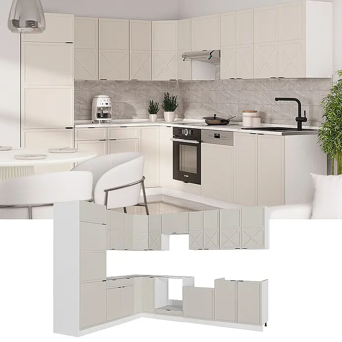 Vicco Eckküche Fame-Line GrauBeige/Weiß ohne Arbeitsplatte - B x T: 287 x 46 cm, GrauBeige, Ohne Elektrogeräte - Helle beige modulare Eckküchenschrank-Set mit gekreuzten Ober- und glatten Unterschranktüren.