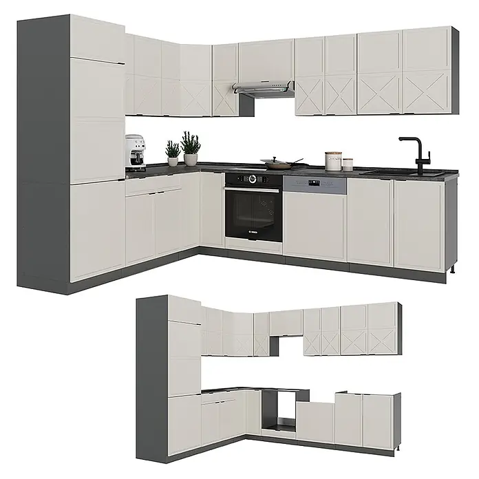 Vicco Eckküche Fame-Line GrauBeige/Anthrazit, AP Eiche - B x T: 287 x 60 cm, GrauBeige, Ohne Elektrogeräte - L-förmige Küche mit hellbeigen Schränken, dunkelgrauen Rahmen und Arbeitsplatte, inkl. integrierten Geräten und Oberschränken.