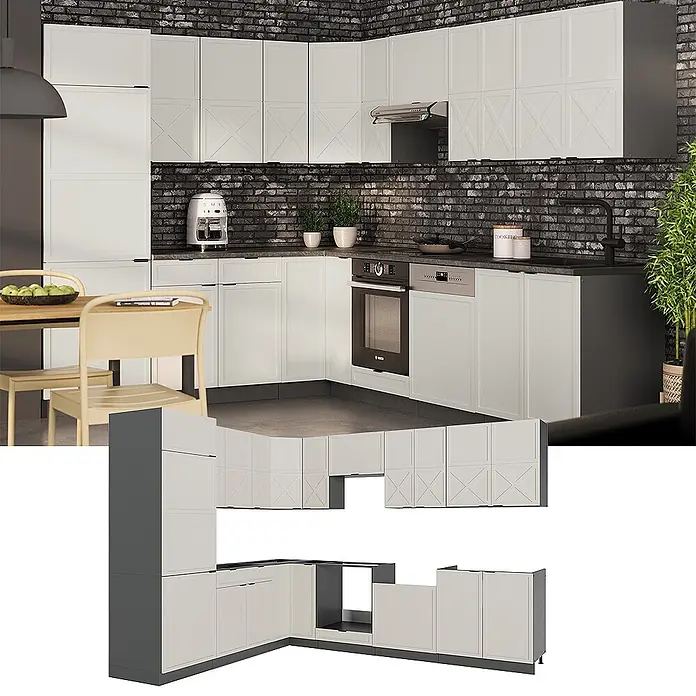Vicco Eckküche Fame-Line GrauBeige/Anthrazit, AP Eiche - B x T: 287 x 60 cm, GrauBeige, Ohne Elektrogeräte - Hellgraue L-förmige Küchenschränke mit dunkelgrauen Akzenten und strukturierten Türen. Modulares Set für Küche, inkl. Geräteaussparungen.