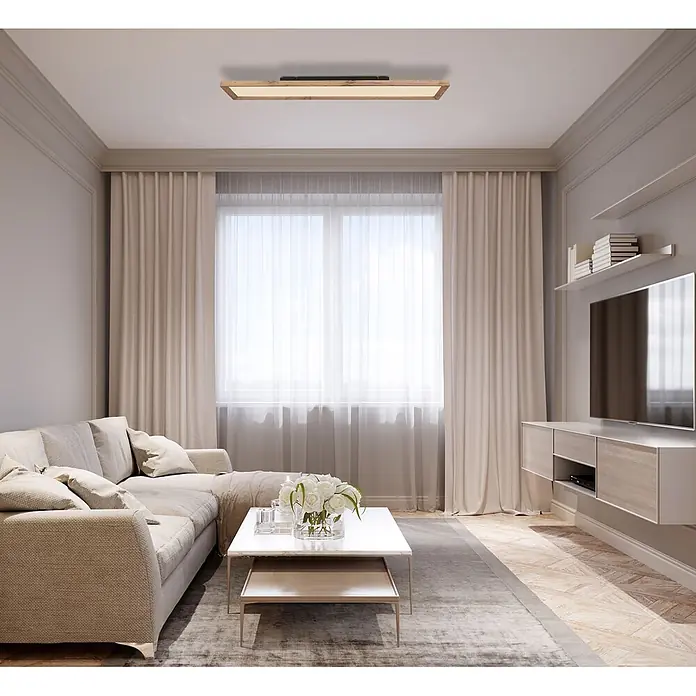 Globo Deckenleuchte Cinderella - 24 W, L x B x H: 80 x 20 x 8,5 cm, Holzoptik - Rechteckige Holz-Deckenleuchte mit weißem Diffusor, beleuchtet ein modernes Wohnzimmer.