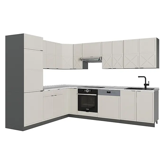 Vicco Eckküche Fame-Line GrauBeige/Anthrazit, AP Marmor - B x T: 287 x 60 cm, GrauBeige, Ohne Elektrogeräte - L-förmige Küche mit hellbeigen Schränken, dunkelgrauen Details, integriertem Backofen, Kochfeld und Geschirrspüler. Obere Türen mit X-Muster.