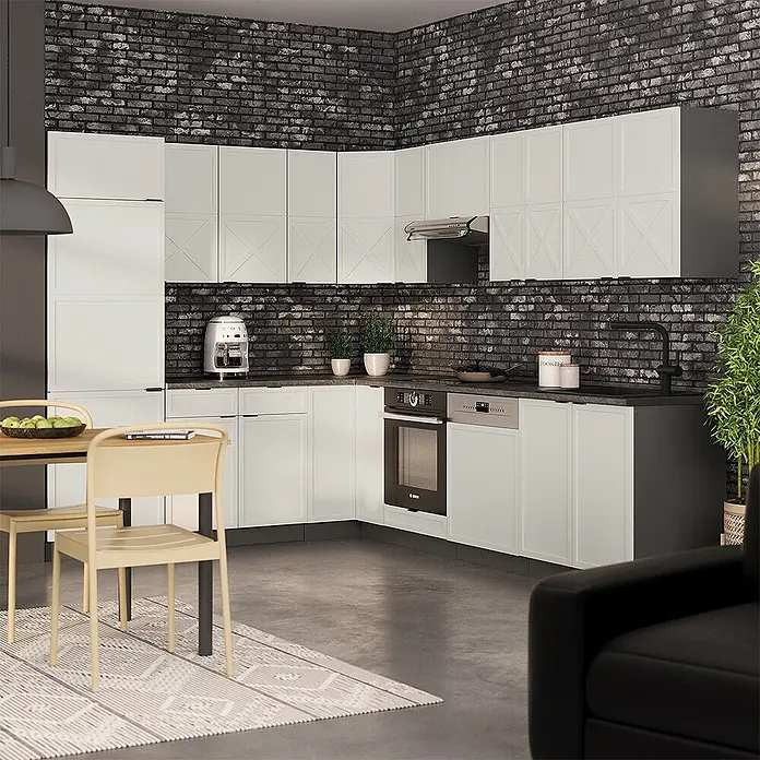 Vicco Eckküche Fame-Line GrauBeige/Anthrazit, AP Eiche - B x T: 287 x 60 cm, GrauBeige, Ohne Elektrogeräte - Weiße Eckküche mit dunklen Arbeitsplatten und integrierten Geräten.