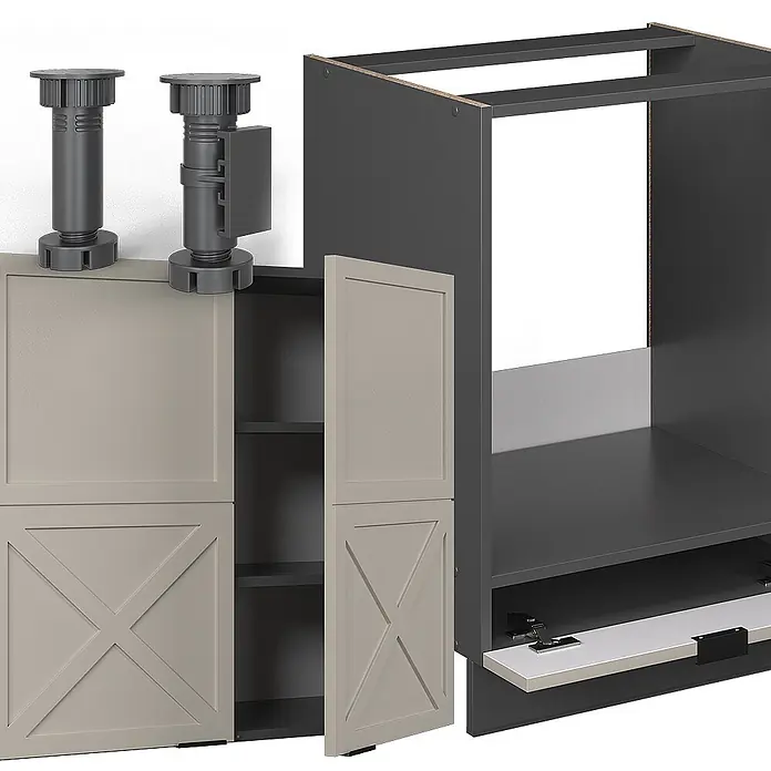 Vicco Eckküche Fame-Line GrauBeige/Anthrazit, AP Eiche - B x T: 287 x 60 cm, GrauBeige, Ohne Elektrogeräte - Zerlegte hellgraue und graue Küchenschrankkomponenten, einschließlich verstellbarer Beine, Rahmen und Türen mit Kreuzstreben.