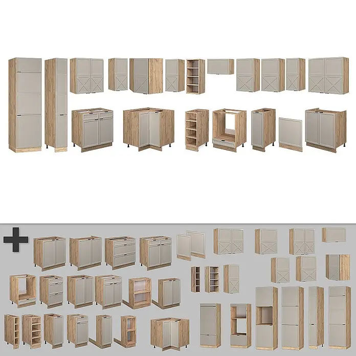Vicco Eckküche Fame-Line GrauBeige/Goldkraft Eiche, AP Marmor - B x T: 347 x 60 cm, GrauBeige, Ohne Elektrogeräte - Modulare Küchenschränke mit hellem Holzdekor und hellgrauen Türen, einschließlich Unter-, Wand-, Hoch- und Eckschränken.