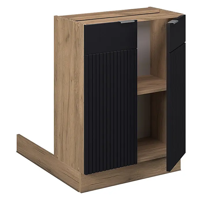 Vicco Inselküche Fame-Line Schwarz gestreift ohne Arbeitsplatte - Schwarz gestreift, Ohne Elektrogeräte - Heller Holzkorpus Unterschrank mit schwarzen gerippten Türen, eine offen mit Regal, und einer Schublade. Eckmodul-Design.