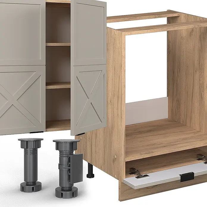 Vicco Eckküche Fame-Line GrauBeige/Goldkraft Eiche, AP Marmor - B x T: 347 x 60 cm, GrauBeige, Ohne Elektrogeräte - Heller Küchenschrankkorpus aus Holzdekor mit hellgrauen Türen und verstellbaren dunkelgrauen Beinen, zeigt Montagekomponenten.