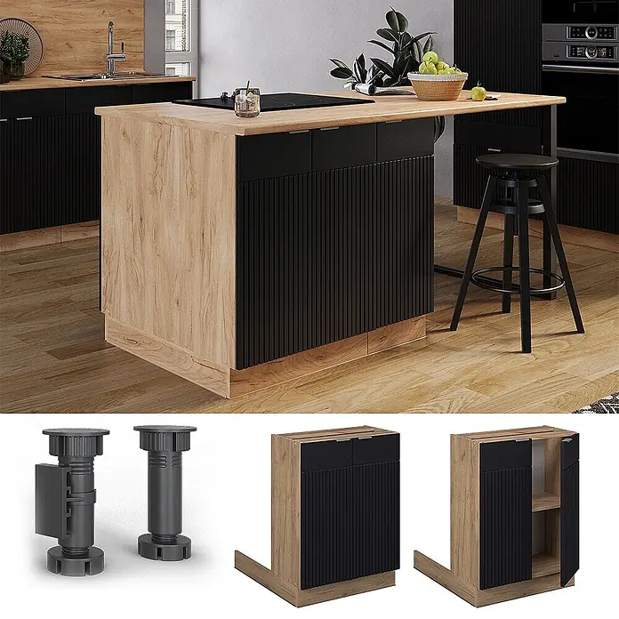 Vicco Inselküche Fame-Line Schwarz gestreift ohne Arbeitsplatte - Schwarz gestreift, Ohne Elektrogeräte - Modulares Kücheninsel-Schrankelement mit heller Holzoptik, schwarzen Lamellenfronten und verstellbaren Füßen in moderner Küche.
