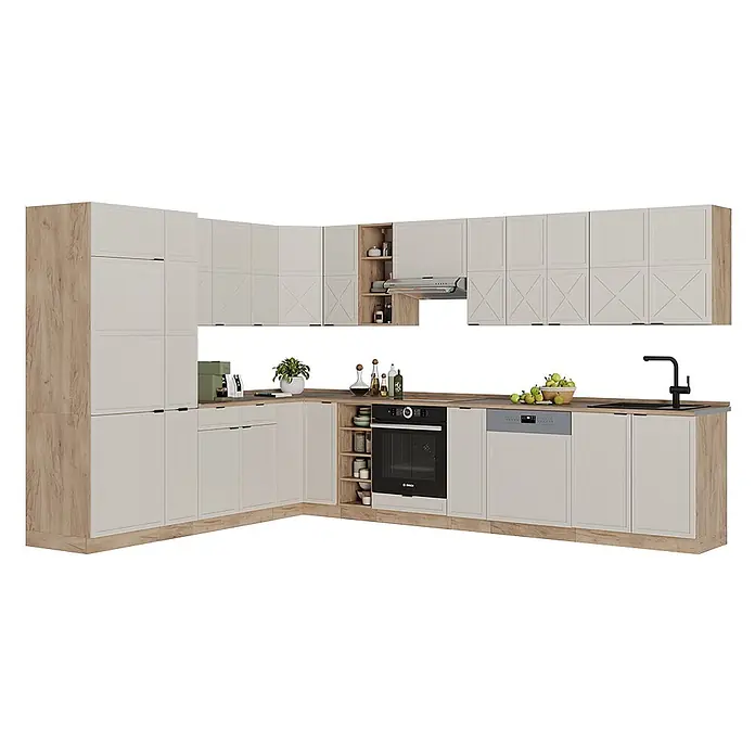 Vicco Eckküche Fame-Line GrauBeige/Goldkraft Eiche, AP Marmor - B x T: 347 x 60 cm, GrauBeige, Ohne Elektrogeräte - L-förmige Küchenzeile mit hellbeigen Schränken und hellen Holzakzenten, inklusive Backofen, Geschirrspüler, Spüle und Hängeschränken.