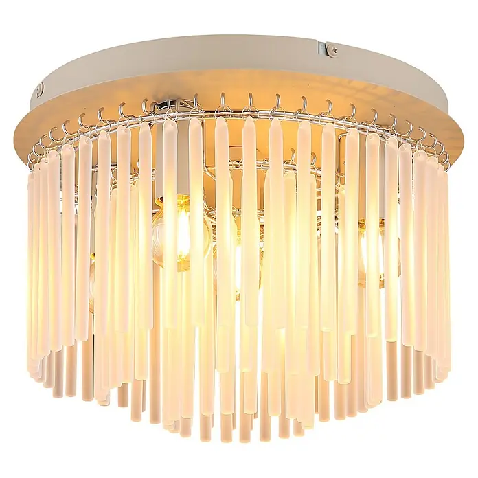 Globo Deckenleuchte rund Gorley - 40 W, Ø x H: 32 x 23 cm, Sandfarben, E14 - Runde beige Deckenleuchte mit durchscheinenden Hängestäben und warm leuchtenden Birnen.