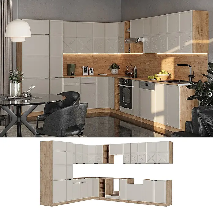 Vicco Eckküche Fame-Line GrauBeige/Goldkraft Eiche, AP Marmor - B x T: 347 x 60 cm, GrauBeige, Ohne Elektrogeräte - Eckküche mit hellbeigen Schranktüren, Holz-Akzenten, integriertem Ofen, Geschirrspüler und Spüle.