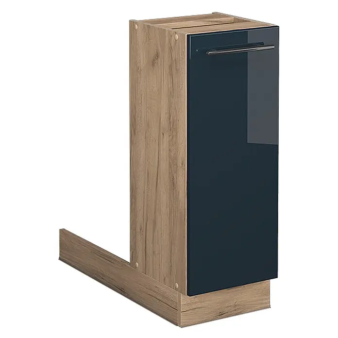 Vicco Inselküche Fame-Line Dunkelblau Hochglanz ohne Arbeitsplatte - Breite: 30 cm, Dunkelblau Hochglanz, Ohne Elektrogeräte - Unterschrank mit heller Holzoptik, dunkelblauer Hochglanztür und Metallgriff.