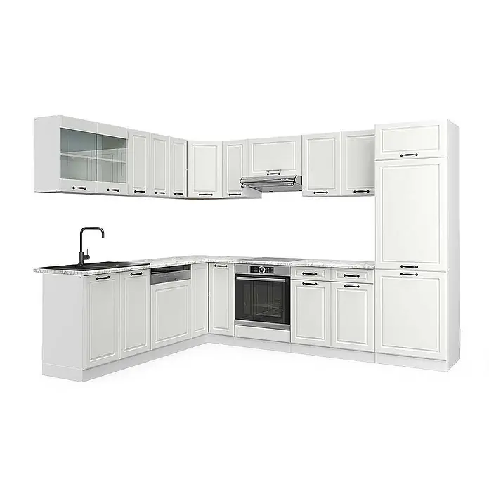 Vicco Eckküche R-Line Weiß Landhaus/Weiß, AP Marmor - B x T: 287 x 60 cm, Weiß Landhaus, Ohne Elektrogeräte - Weiße L-förmige Küche mit schwarzen Griffen, integrierter Spüle, Geschirrspüler, Ofen und Dunstabzugshaube.
