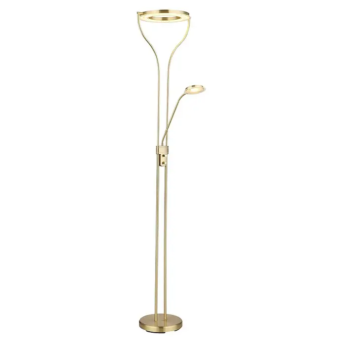 Globo LED-Deckenfluter Ebro - 20 W, Höhe: 1.940 mm, Warmweiß - Goldene Stehleuchte mit kreisförmigem Uplight und verstellbarer Leselampe am Flexarm.