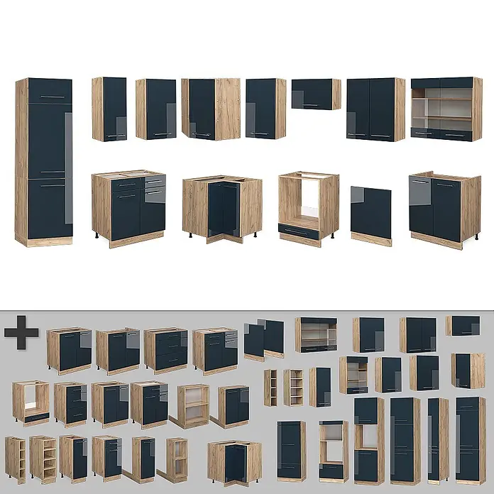 Vicco Eckküche Fame-Line Dunkelblau Hochglanz/Goldkraft Eiche, AP Eiche - B x T: 287 x 60 cm, Dunkelblau Hochglanz, Ohne Elektrogeräte - Modulare Küchenschränke mit Holzdekor-Rahmen und dunkelblauen Hochglanzfronten, verschiedene Einheiten.
