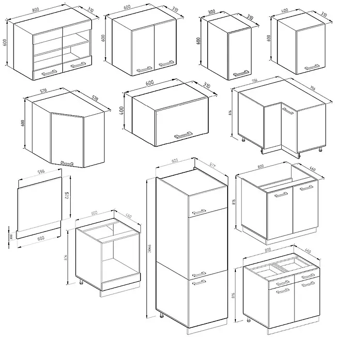 Vicco Eckküche R-Line Anthrazit Landhaus/Weiß, AP Eiche - B x T: 287 x 60 cm, Anthrazit Landhaus, Ohne Elektrogeräte - Technische Zeichnung verschiedener Küchenschrankmodule, mit sichtbaren Abmessungen und Konfigurationen.
