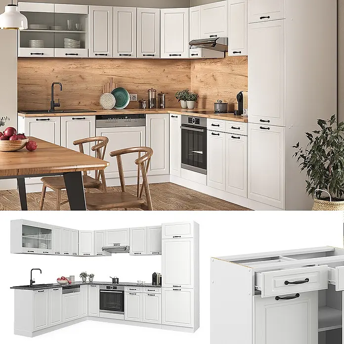 Vicco Eckküche R-Line Weiß Landhaus/Weiß, AP Marmor - B x T: 287 x 60 cm, Weiß Landhaus, Ohne Elektrogeräte - Weiße modulare Küchenschränke mit schwarzen Griffen im klassischen Stil, installiert gezeigt.
