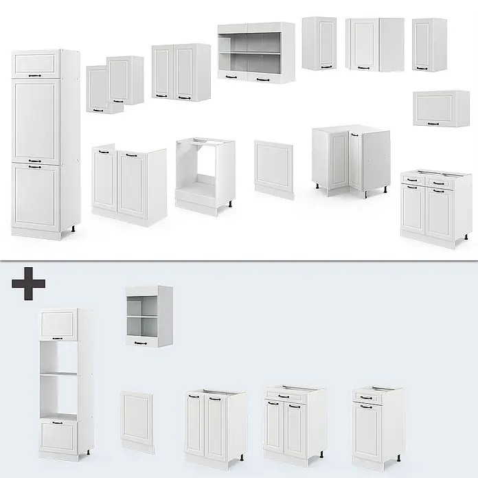 Vicco Eckküche R-Line Weiß Landhaus/Weiß, AP Marmor - B x T: 287 x 60 cm, Weiß Landhaus, Ohne Elektrogeräte - Weiße Küchenschrankmodule in verschiedenen Konfigurationen für eine komplette Kücheneinrichtung.