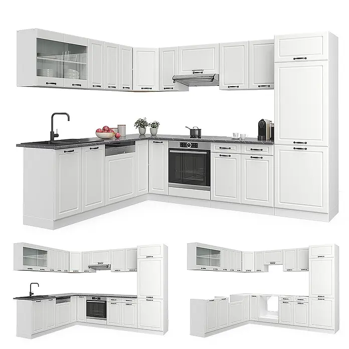 Vicco Eckküche R-Line Weiß Landhaus/Weiß, AP Marmor - B x T: 287 x 60 cm, Weiß Landhaus, Ohne Elektrogeräte - Weiße L-förmige modulare Küche mit modernem Design, dunklen Arbeitsplatten, Einbaugeräten und verschiedenen Schränken, teils mit Glasfronten.
