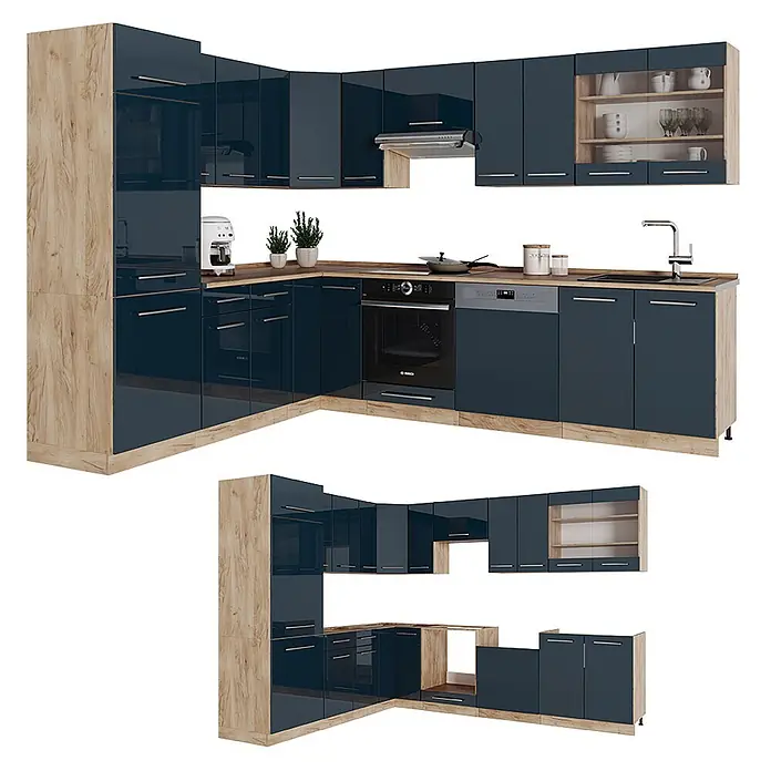 Vicco Eckküche Fame-Line Dunkelblau Hochglanz/Goldkraft Eiche, AP Eiche - B x T: 287 x 60 cm, Dunkelblau Hochglanz, Ohne Elektrogeräte - Moderne L-förmige Küchenzeile mit hochglänzenden dunkelblauen Schränken und hellen Holzakzenten, inklusive Backofen und Geschirrspüler.