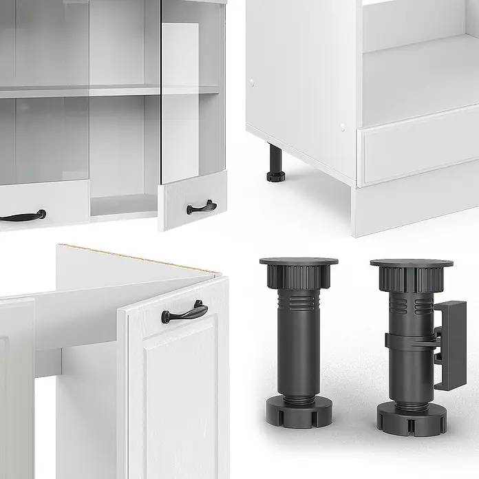 Vicco Eckküche R-Line Weiß Landhaus/Weiß, AP Marmor - B x T: 287 x 60 cm, Weiß Landhaus, Ohne Elektrogeräte - Weiße Küchenschrankkomponenten mit Glastüren und massiven Paneelen, sowie schwarze verstellbare Schrankfüße.