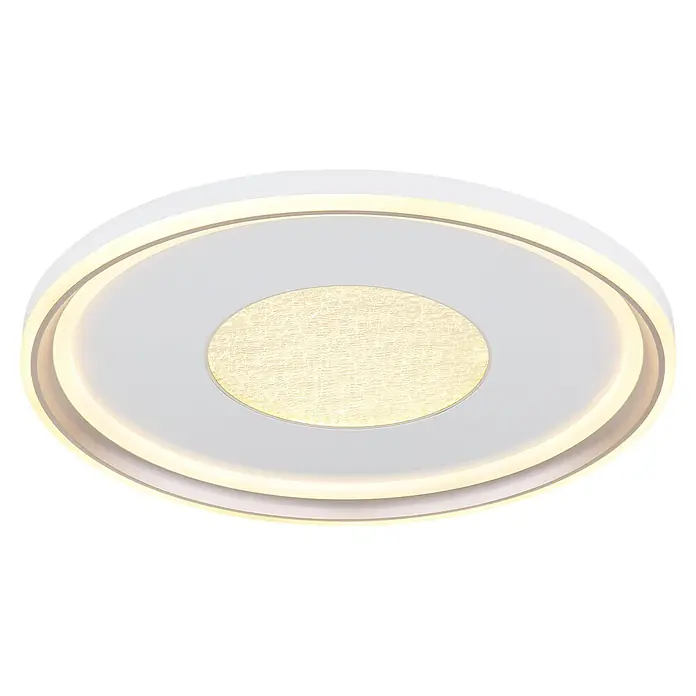 Globo LED-Deckenleuchte rund Eila - 60 W, Ø x H: 59 x 6,5 cm - Moderne runde LED-Deckenleuchte mit weißem Rahmen, leuchtenden Außenringen und warm getöntem, texturiertem Mittelpanel.