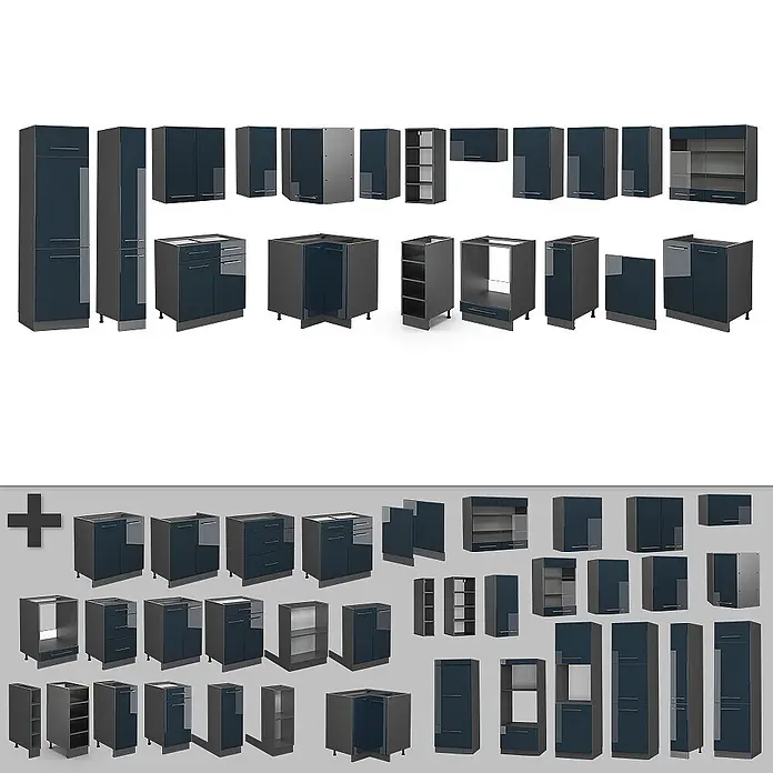 Vicco Eckküche Fame-Line Dunkelblau Hochglanz/Anthrazit, AP Eiche - B x T: 347 x 60 cm, Dunkelblau Hochglanz, Ohne Elektrogeräte - Sammlung glänzender dunkelblauer Küchenschrankmodule in verschiedenen Konfigurationen.