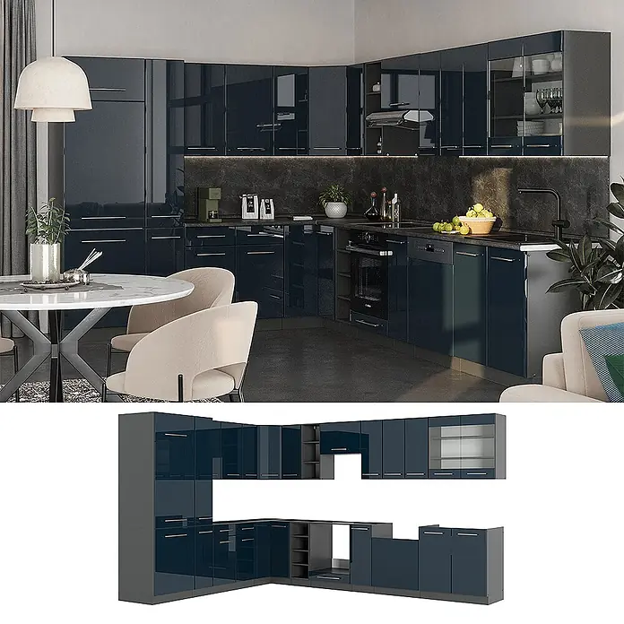Vicco Eckküche Fame-Line Dunkelblau Hochglanz/Anthrazit, AP Eiche - B x T: 347 x 60 cm, Dunkelblau Hochglanz, Ohne Elektrogeräte - Moderne dunkelblaue glänzende Küchenschränke in einer modernen Küche.
