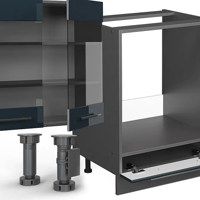 Vicco Eckküche Fame-Line Dunkelblau Hochglanz/Anthrazit, AP Eiche - B x T: 347 x 60 cm, Dunkelblau Hochglanz, Ohne Elektrogeräte - Dunkelgraue Küchenschrankkomponenten: ein Unterschrank, zwei dunkelblaue Glastüren und zwei verstellbare Füße, montagebereit.