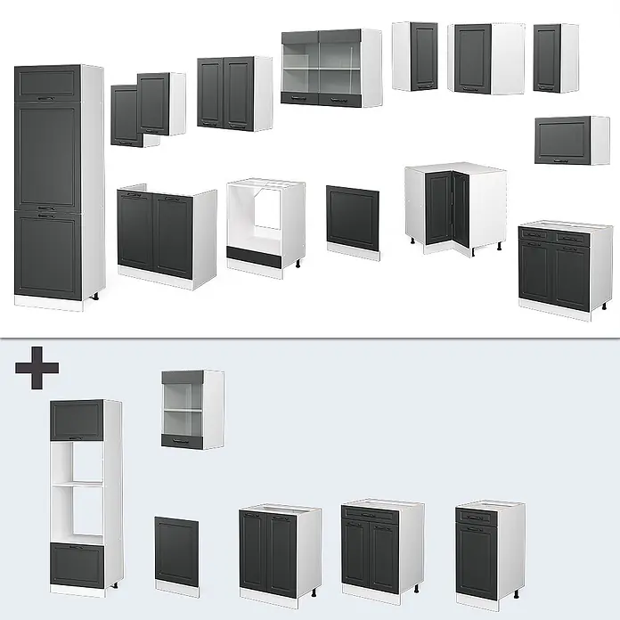 Vicco Eckküche R-Line Anthrazit Landhaus/Weiß, AP Eiche - B x T: 287 x 60 cm, Anthrazit Landhaus, Ohne Elektrogeräte - Modulares Küchenschranksystem mit dunkelgrauen Türen und weißen Rahmen.