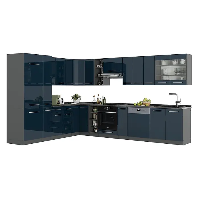 Vicco Eckküche Fame-Line Dunkelblau Hochglanz/Anthrazit, AP Eiche - B x T: 347 x 60 cm, Dunkelblau Hochglanz, Ohne Elektrogeräte - L-förmige Küche mit dunkelblauen Hochglanztüren und grauem Korpus, inklusive Backofen, Spülmaschine, Spüle und Kochfeld.
