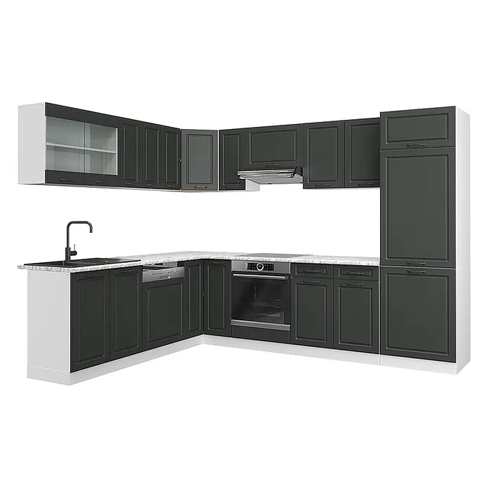 Vicco Eckküche R-Line Anthrazit Landhaus/Weiß, AP Marmor - B x T: 287 x 60 cm, Anthrazit Landhaus, Ohne Elektrogeräte - Dunkelgraue Küchenschränke mit klassischen Paneeltüren, weißer Marmor-Arbeitsplatte, integrierter Spüle, Backofen und Geschirrspüler.