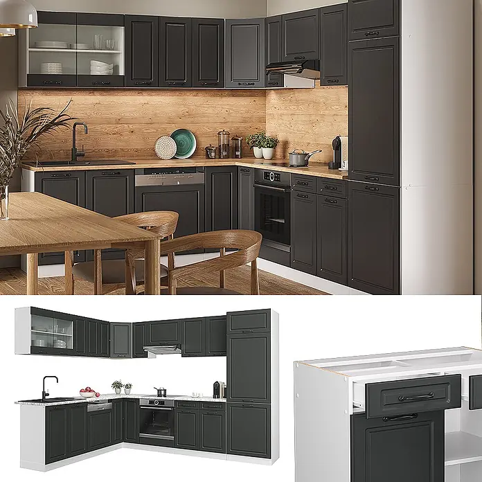 Vicco Eckküche R-Line Anthrazit Landhaus/Weiß, AP Eiche - B x T: 287 x 60 cm, Anthrazit Landhaus, Ohne Elektrogeräte - Klassische dunkelgraue Eckküche mit Rahmenfronten, Holzarbeitsplatte und integrierten Geräten.