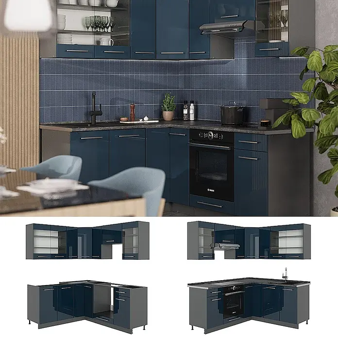 Vicco Eckküche Fame-Line Dunkelblau Hochglanz/Anthrazit, AP Marmor - B x T: 190 x 60 cm, Dunkelblau Hochglanz, Ohne Elektrogeräte - Moderne L-förmige Küche mit glänzenden dunkelblauen Schränken, grauen Arbeitsplatten, integriertem Backofen, Spüle und Dunstabzugshaube.