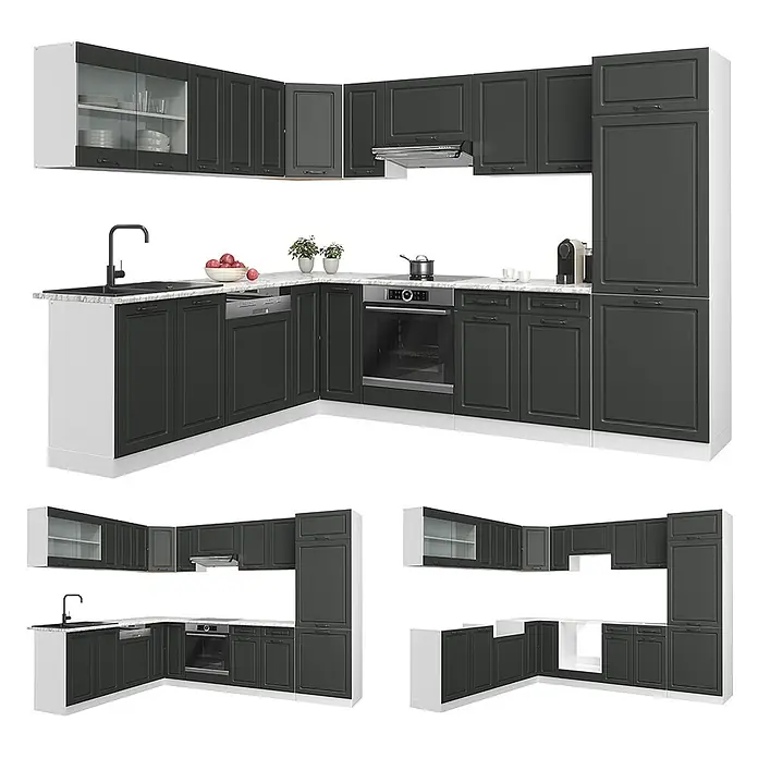 Vicco Eckküche R-Line Anthrazit Landhaus/Weiß, AP Eiche - B x T: 287 x 60 cm, Anthrazit Landhaus, Ohne Elektrogeräte - Anthrazitfarbene Küchenschrankkombination mit weißer Marmoroptik-Arbeitsplatte, Spüle, Ofen und Geschirrspüler.