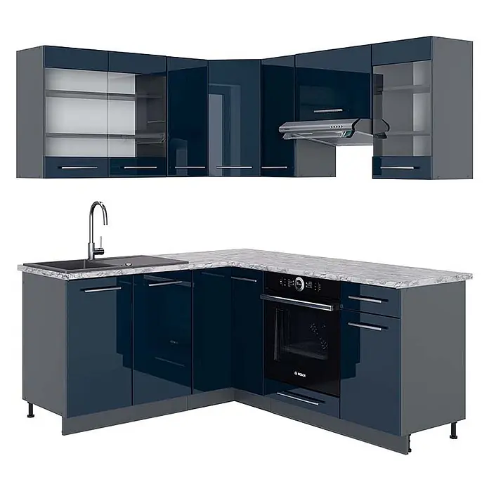 Vicco Eckküche Fame-Line Dunkelblau Hochglanz/Anthrazit, AP Marmor - B x T: 190 x 60 cm, Dunkelblau Hochglanz, Ohne Elektrogeräte - Dunkelblaue Hochglanz-Eckküche mit Marmor-Arbeitsplatte, Spüle, Backofen und Dunstabzugshaube. Oberschränke mit Glastüren.