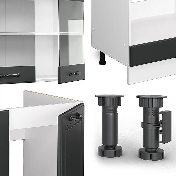 Vicco Eckküche R-Line Anthrazit Landhaus/Weiß, AP Eiche - B x T: 287 x 60 cm, Anthrazit Landhaus, Ohne Elektrogeräte - Verstellbare schwarze Möbelfüße und dunkelgraue Schrankkomponenten mit Griffen und Glastüren.