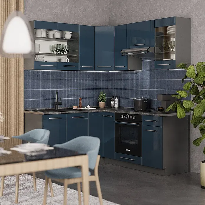 Vicco Eckküche Fame-Line Dunkelblau Hochglanz/Anthrazit, AP Marmor - B x T: 190 x 60 cm, Dunkelblau Hochglanz, Ohne Elektrogeräte - Eine dunkelblaue, glänzende L-förmige Eckküche mit grauen Arbeitsplatten, integriertem Ofen und gefliestem Spritzschutz.