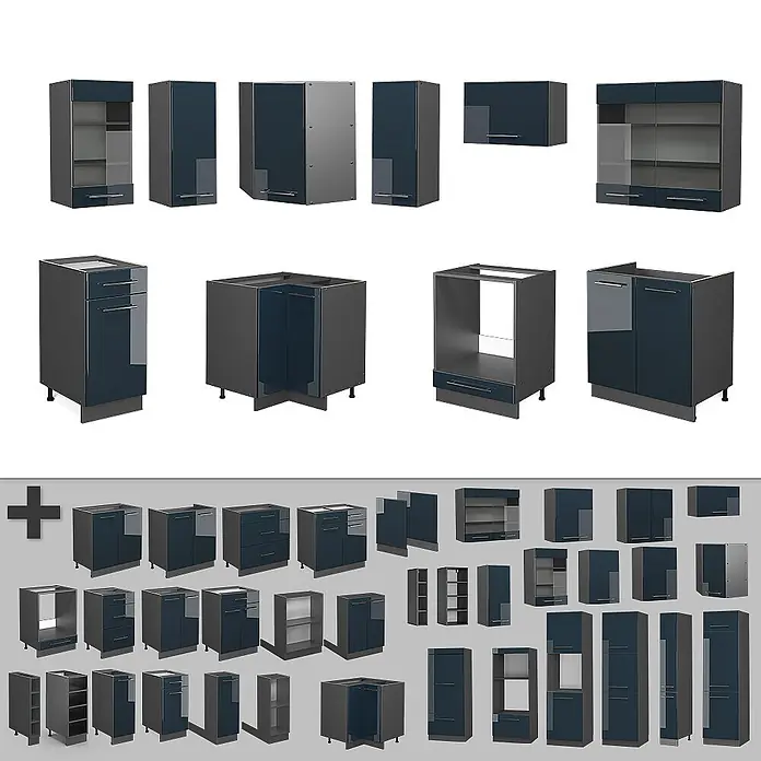 Vicco Eckküche Fame-Line Dunkelblau Hochglanz/Anthrazit, AP Marmor - B x T: 190 x 60 cm, Dunkelblau Hochglanz, Ohne Elektrogeräte - Kollektion modularer Küchenschränke in Dunkelblau und Grau; verschiedene Unter-, Wand-, Eck- und Geräteumbauten.