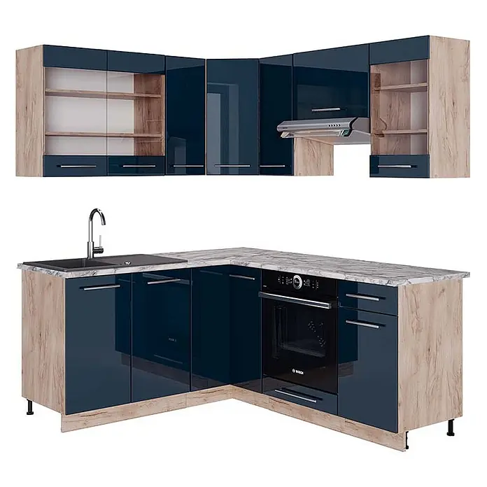 Vicco Eckküche Fame-Line Dunkelblau Hochglanz/Goldkraft Eiche, AP Marmor - B x T: 190 x 60 cm, Dunkelblau Hochglanz, Ohne Elektrogeräte - Eckküchenzeile mit hochglänzenden blauen und holzfarbenen Schränken, Marmor-Optik Arbeitsplatte, Spüle, Backofen, Dunstabzugshaube.