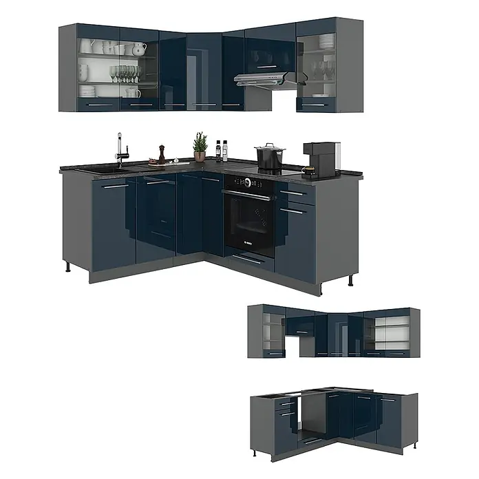 Vicco Eckküche Fame-Line Dunkelblau Hochglanz/Anthrazit, AP Marmor - B x T: 190 x 60 cm, Dunkelblau Hochglanz, Ohne Elektrogeräte - Eckküchenzeile mit dunkelblauen Hochglanzfronten und grauen Rahmen. Inklusive Ober- und Unterschränken, Spüle, Backofen und Kochfeld.