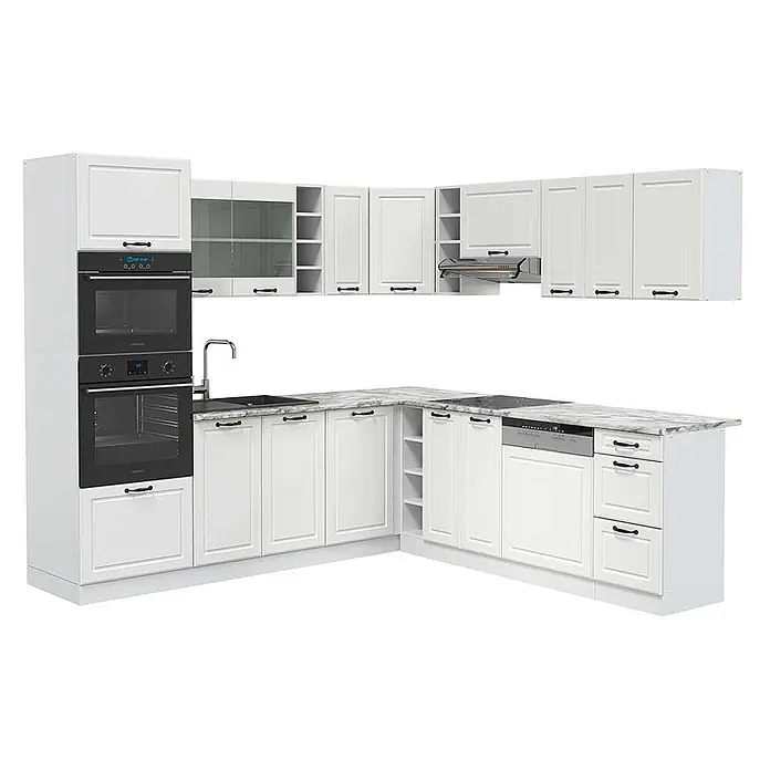 Vicco Eckküche R-Line Weiß Landhaus/Weiß, AP Marmor - B x T: 247 x 60 cm, Weiß Landhaus, Ohne Elektrogeräte - L-förmige weiße Küche mit Marmor-Arbeitsplatte, integrierten schwarzen Öfen, Spüle, Kochfeld und Geschirrspüler.