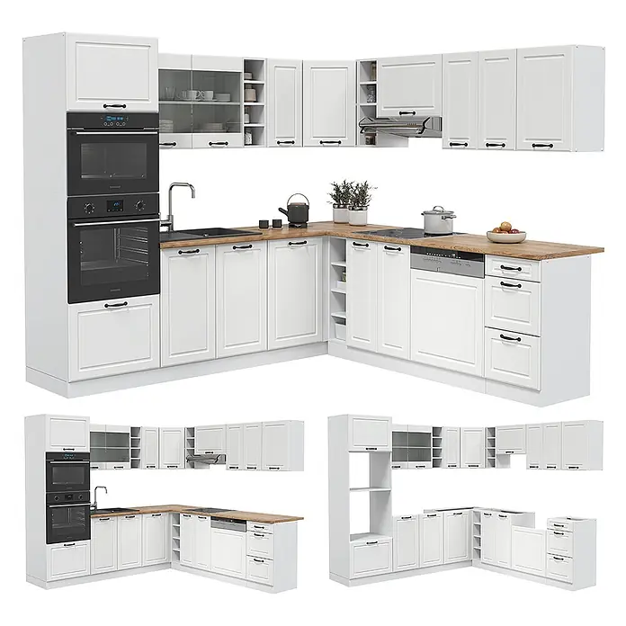 Vicco Eckküche R-Line Weiß Landhaus/Weiß ohne Arbeitsplatte - B x T: 247 x 46 cm, Weiß Landhaus, Ohne Elektrogeräte - Weiße L-förmige Küchenschränke mit Holz-Arbeitsplatten, integrierten Öfen, Spüle, Kochfeld und Geschirrspüler, mit schwarzen Griffen.
