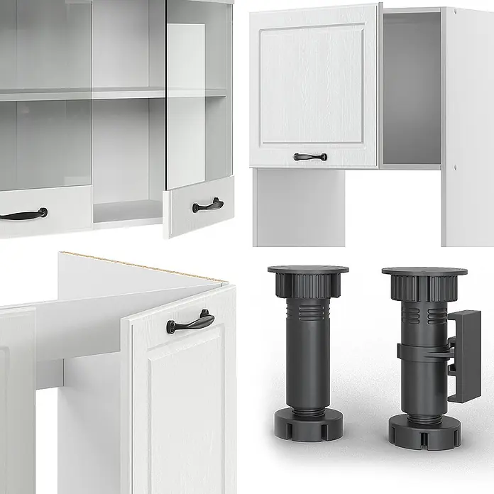 Vicco Eckküche R-Line Weiß Landhaus/Weiß ohne Arbeitsplatte - B x T: 247 x 46 cm, Weiß Landhaus, Ohne Elektrogeräte - Weiße Küchenschränke mit schwarzen Griffen, teils mit Glastüren, und verstellbare schwarze Kunststoff-Möbelfüße.