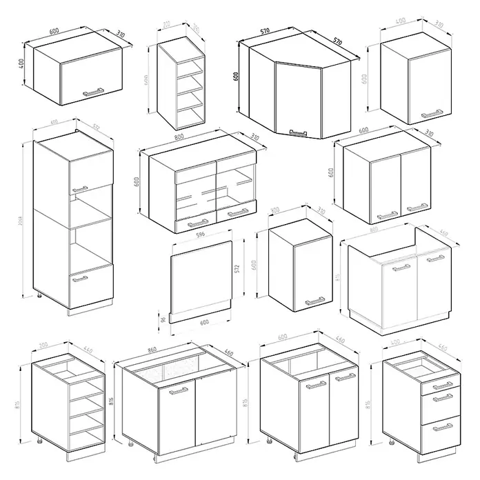 Vicco Eckküche R-Line Anthrazit Hochglanz/Weiß, AP Anthrazit - B x T: 247 x 60 cm, Anthrazit Hochglanz, Ohne Elektrogeräte - Technische Strichzeichnungen verschiedener modularer Küchenschränke und Möbeleinheiten.